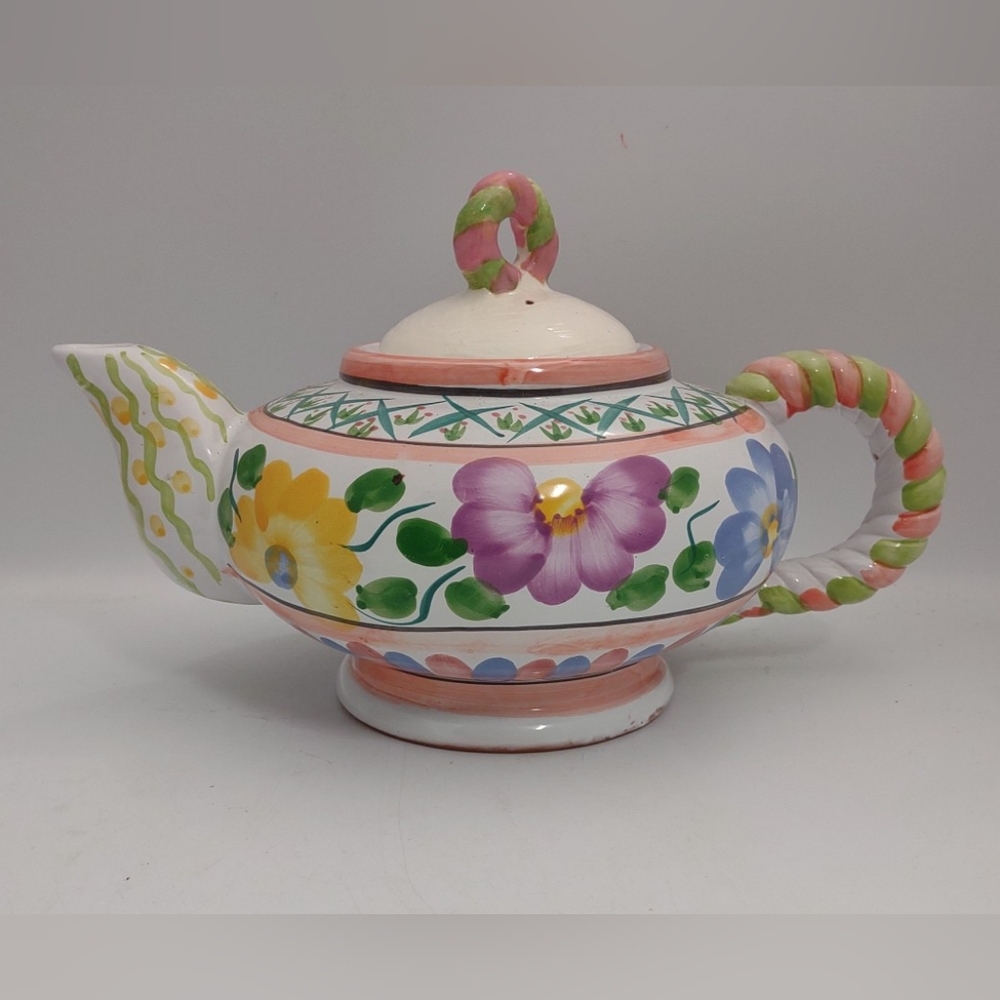 World Bazaar Vintage, Hand-painted Floral Terracotta Teapot 12"w X 7"h